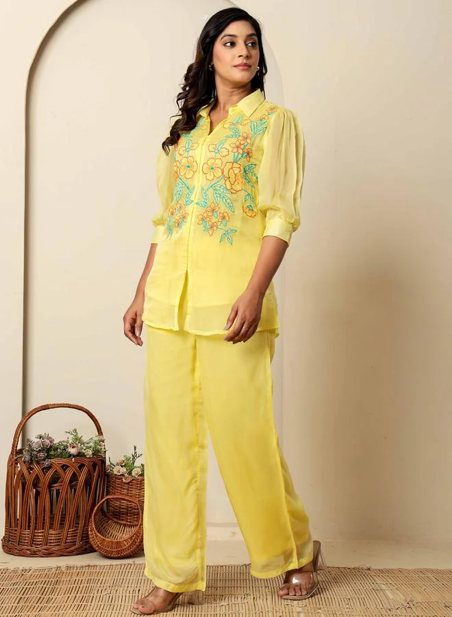 KASYA Yellow Embroidered Organza Co-Ord Set